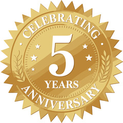 Golden celebrating 5 years anniversary badge, elegant achievement award emblem, festive milestone celebration medal, success recognition icon, decorative five year anniversary design