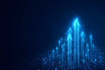 Blue background with glowing arrows growing upwards, illustration of an upward arrow chart for business growth and technology development concept on a blue background.