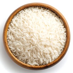 Round wooden bowl filled with uncooked white rice