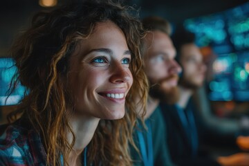 Obraz premium Woman Smiling Happily with Colleagues in a Tech Environment with Screens