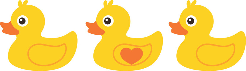 Cute yellow rubber ducks illustration with orange beaks, cartoon duck toy design for kids, nursery, bath time, love, heart decoration, vector art