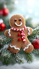 Festive gingerbread cookie on spruce, surrounded by winter foliage and twinkling holiday lights