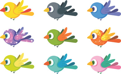 Cute colorful cartoon birds collection, flying bird vector illustration set, decorative animal design, fantasy feathers, funny wildlife drawing for kids and education