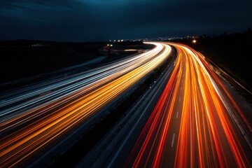 Captivating streaks of light from vehicles on a highway at dusk showcasing dynamic motion and urban energy captured at twilight