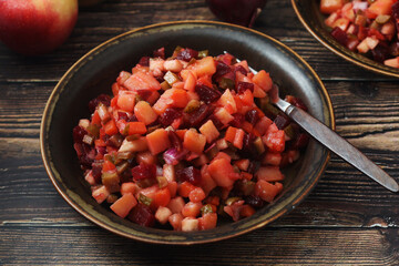 A bowl with traditional Rosolli salad, Finnish cuisine	