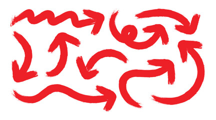Bold brush drawn red arrows. Up, down, left and right directions. Red hand drawn brush arrow icon vector set.