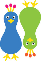 Two cute blue and green birds with a crown on their heads. Vector illustration