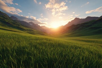 Lush green valley with mountains at sunrise creating a serene and vibrant atmosphere in a continuous time lapse of nature's beauty
