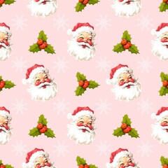 A Vintage Santa Claus Pattern with charming Holly Leaves and beautiful Snowflakes
