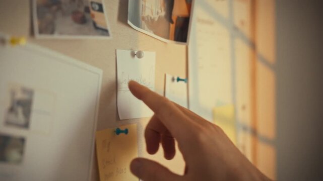 In a cozy workspace, a hand is reaching for a handwritten note on a bulletin board filled with images and reminders. The light filters through the window, creating a warm atmosphere