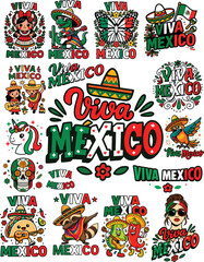 Colorful Viva Mexico Typography and Characters Collection for Mexican Holiday Celebration and Independence Day - Cartoon Fiesta Stickers with Sombreros, Flags and Culture Icons