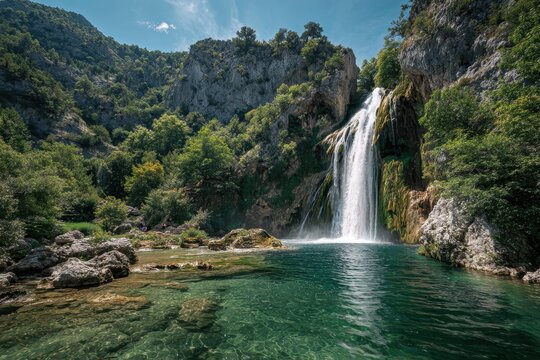 Majestic waterfall cascades gracefully down a rocky cliff surrounded by lush greenery in a serene natural setting on a sunny day