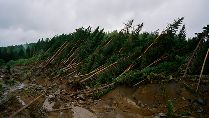 Forest Landslide After Heavy Rainfall – Uprooted Trees and Soil Erosion in Mountain Terrain