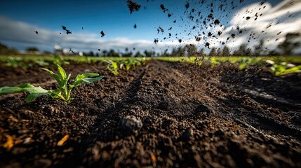 New life begins in fertile soil, a vibrant agricultural field with the promise of growth and abundance, showcasing nature's resilience and the beauty of farming