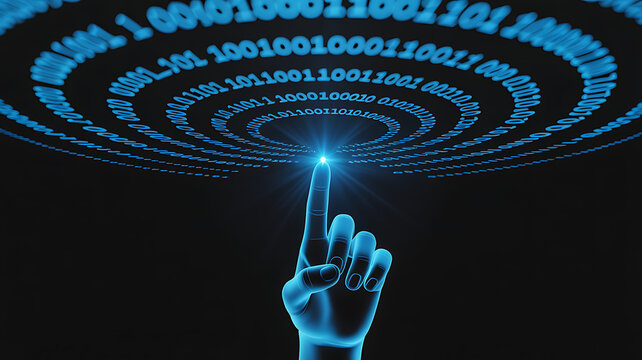 Futuristic hand touches glowing digital data streams forming a circular pattern with binary code