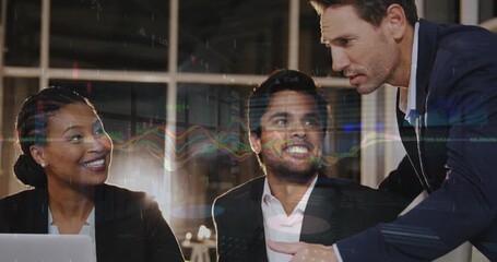 Animation of financial data processing over diverse business people - Powered by Adobe