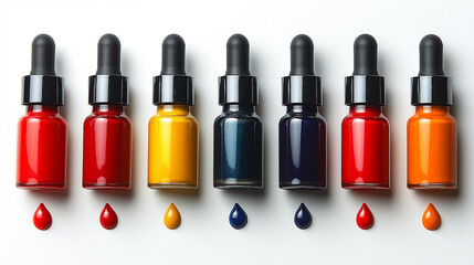 Obraz premium A set of nail polishes in various shades, each with a dropper on the cap, arranged on a white background.