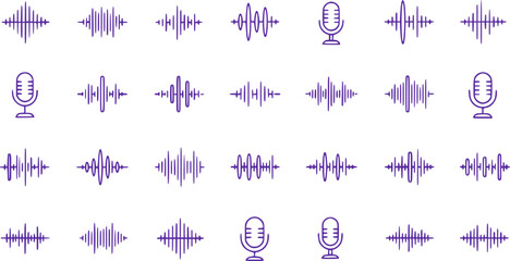Podcast sound waves. Audio waveforms line icons, sound wave frequency or voice microphone signals. Music, podcast and broadcast, UI and audio branding design. Isolated vector set