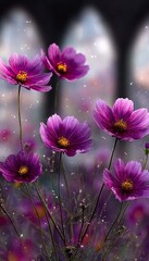 Obraz premium Mystical Garden of Purple Flowers Under a Starry Sky at Twilight, Enchanting Gothic Atmosphere