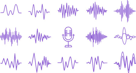 Podcast sound waves. Audio waveforms line icons, sound wave frequency or voice microphone signals. Music, podcast and broadcast, UI and audio branding design. Isolated vector set