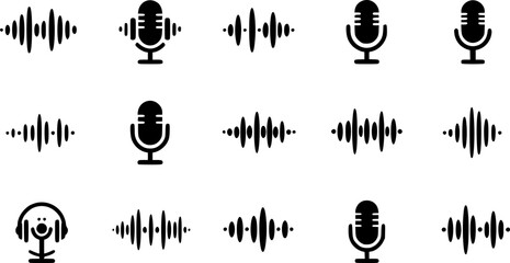 Podcast sound waves. Audio waveforms line icons, sound wave frequency or voice microphone signals. Music, podcast and broadcast, UI and audio branding design. Isolated vector set
