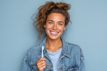 A cheerful young woman, smiling brightly, holds a toothbrush against a light-blue backdrop, showcasing healthy teeth and a positive outlook on oral hygiene.