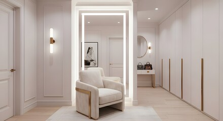 Elegant dressing room with chair and wardrobe offers a serene and luxurious atmosphere for styling