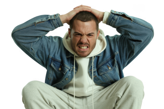 Man with hands on head, looking stressed, isolated on transparent background