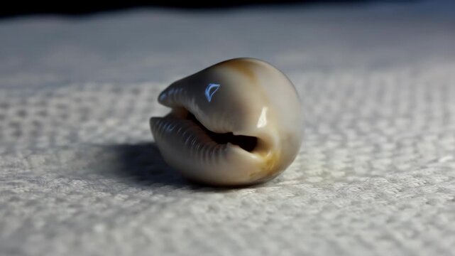 Close-up of a single white and brown cowrie shell on a textured surface. Ocean, vacation, nature, beach, and summer themes.