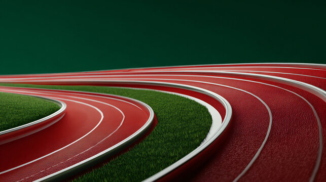 Curved Red Running Track With Green Turf Field