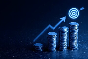 Digital blue background with a bar graph and an arrow pointing up, stacks of coins on the right side, a target in the center,