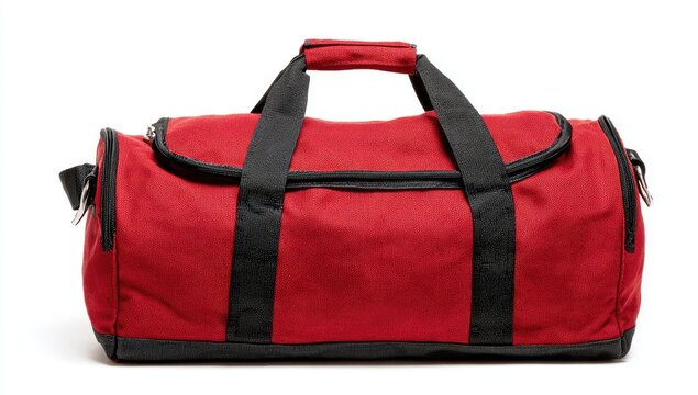 Red duffel bag against white background