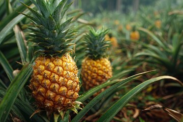 Fototapeta premium Ripe pineapples thriving in lush fields under bright sunlight in tropical climate, showcasing abundant growth and vibrant colors of nature