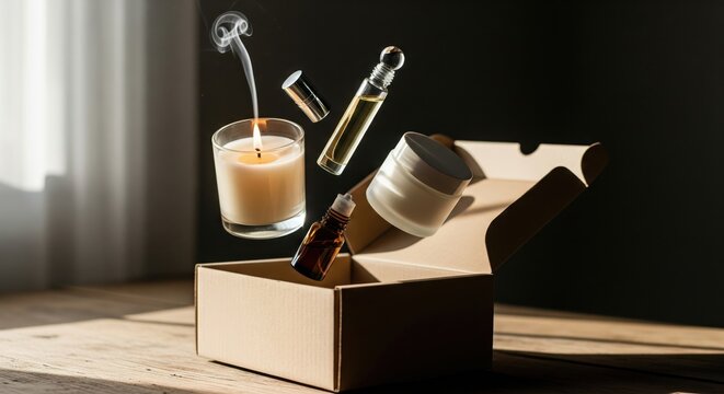Self-care beauty box products levitating in sunlight