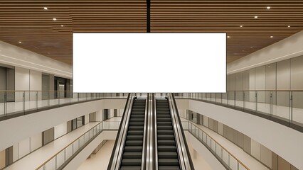 Photograph of a modern, indoor shopping mall. Central focus is a large, blank, white digital billboard.