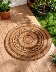 Round woven rug on wooden deck