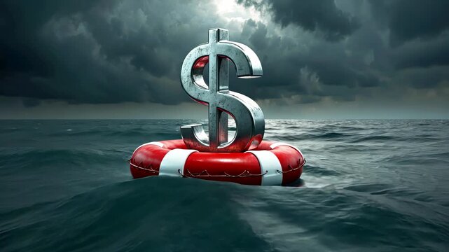 Large metallic dollar sign standing on red lifebuoy floating on stormy ocean waves under dramatic cloudy sky