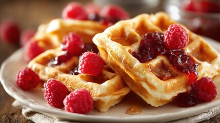 Close-up of delicious waffles with fresh raspberries & jam&mdash;detailed texture, warm natural lighting, bright colorful look; set against colorful background, ideal for food-themed visuals, menus