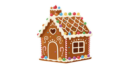 Festive gingerbread house with colorful candy decorations and icing on white background