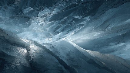 Subglacial rivers of glowing liquid flow beneath geometric ice, casting surreal refractive light patterns.