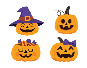Four cartoon pumpkins with Halloween faces and accessories jack o lantern illustration