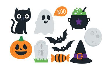 Halloween icons black cat ghost pumpkin cauldron bats witch hat candy moon jack o lantern