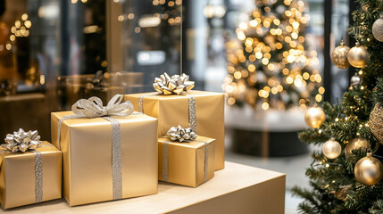 gold gift boxes on table with blurred Christmas tree. festive special holiday decoration
