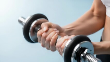Bicep curl motion with dumbbell against blue background; blurred