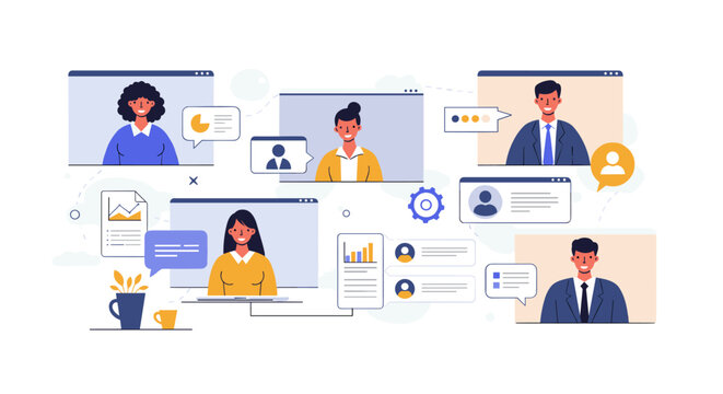 Virtual team collaboration with diverse professionals in online meeting interface