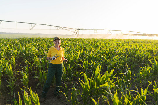 Farmer using drone and digital tablet in irrigated corn field at sunset