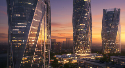 Obraz premium Majestic skyscrapers shimmer under the glowing dusk sky surrounded by urban tranquility