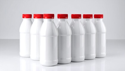 Row of blank white plastic bottles with red caps