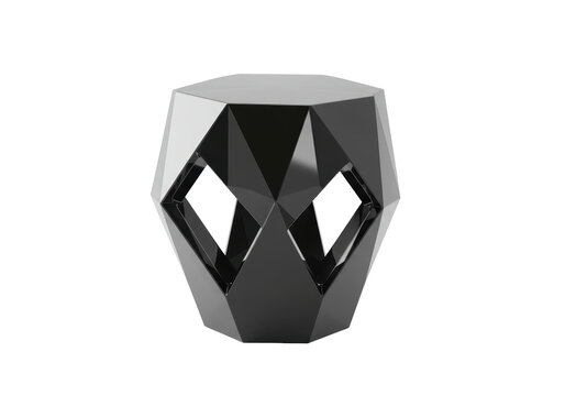Isolated Black polygon sculpture with angular facets and openings, digital rendering