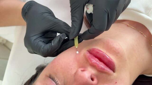 Face lifting PDO Suture operation. innovative technique of New thread lift, cosmetologist preparing to do procedure to female client, select the appropriate thread option